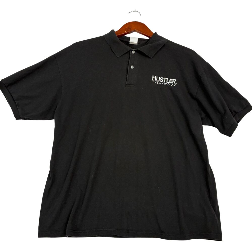 Hanes Hustler Hollywood Polo Shirt Men's L Black Embroidered Logo Short Sleeve